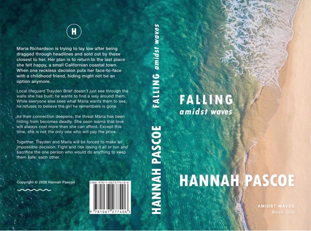 Full wraparound cover of Falling Amidst Waves by Hannah Pascoe, featuring a beach. The front contains the title and author name, and the back contains the book blurb.